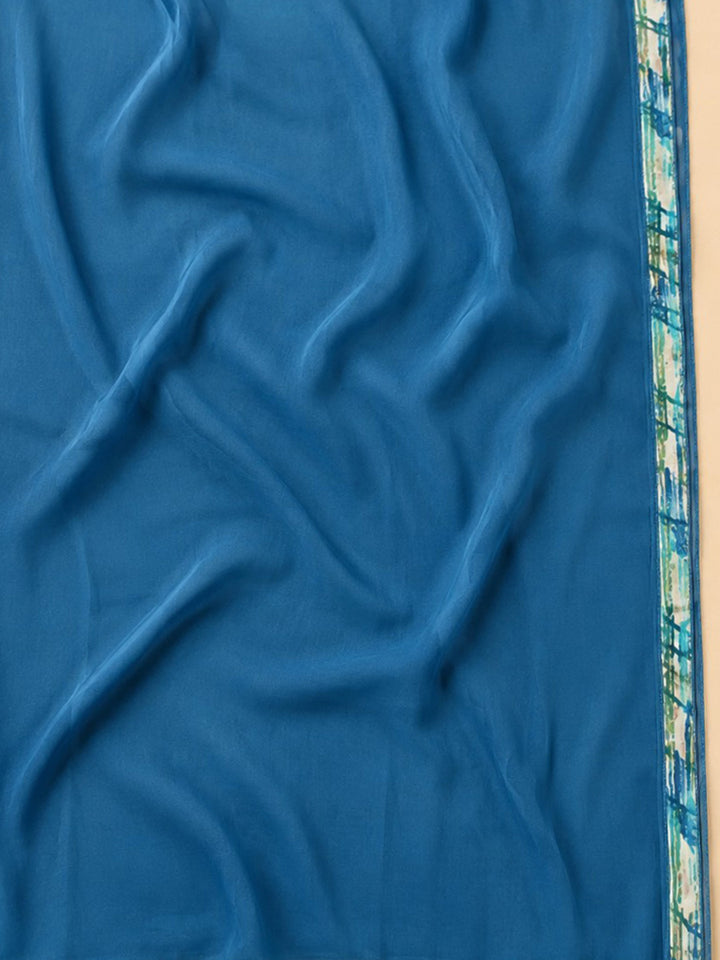 Blue Embroidered Cotton Blend Unstitched Suit &amp; Pant With Cotton Dupatta