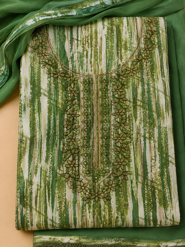 Bottle Green Embroidered Cotton Blend Unstitched Suit &amp; Pant With Cotton Dupatta