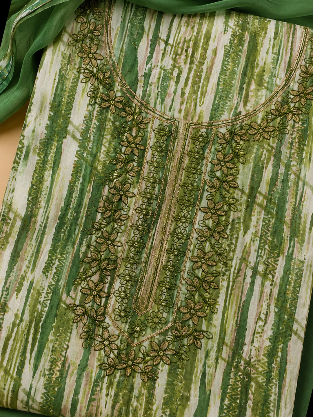 Bottle Green Embroidered Cotton Blend Unstitched Suit &amp; Pant With Cotton Dupatta