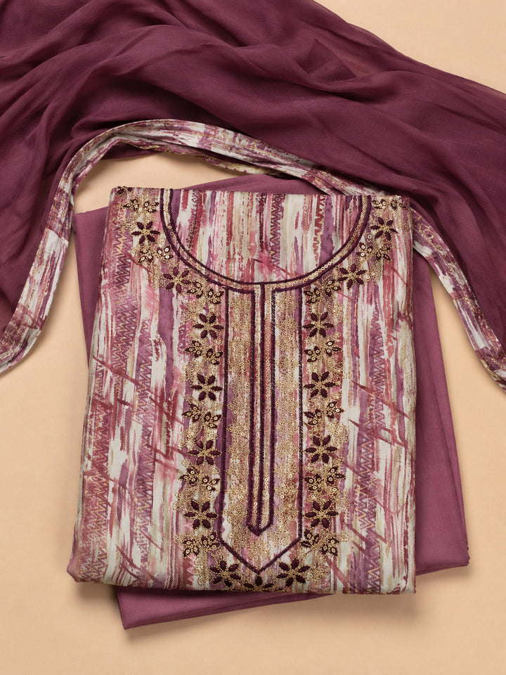 Wine Embroidered Cotton Blend Unstitched Suit &amp; Pant With Cotton Dupatta