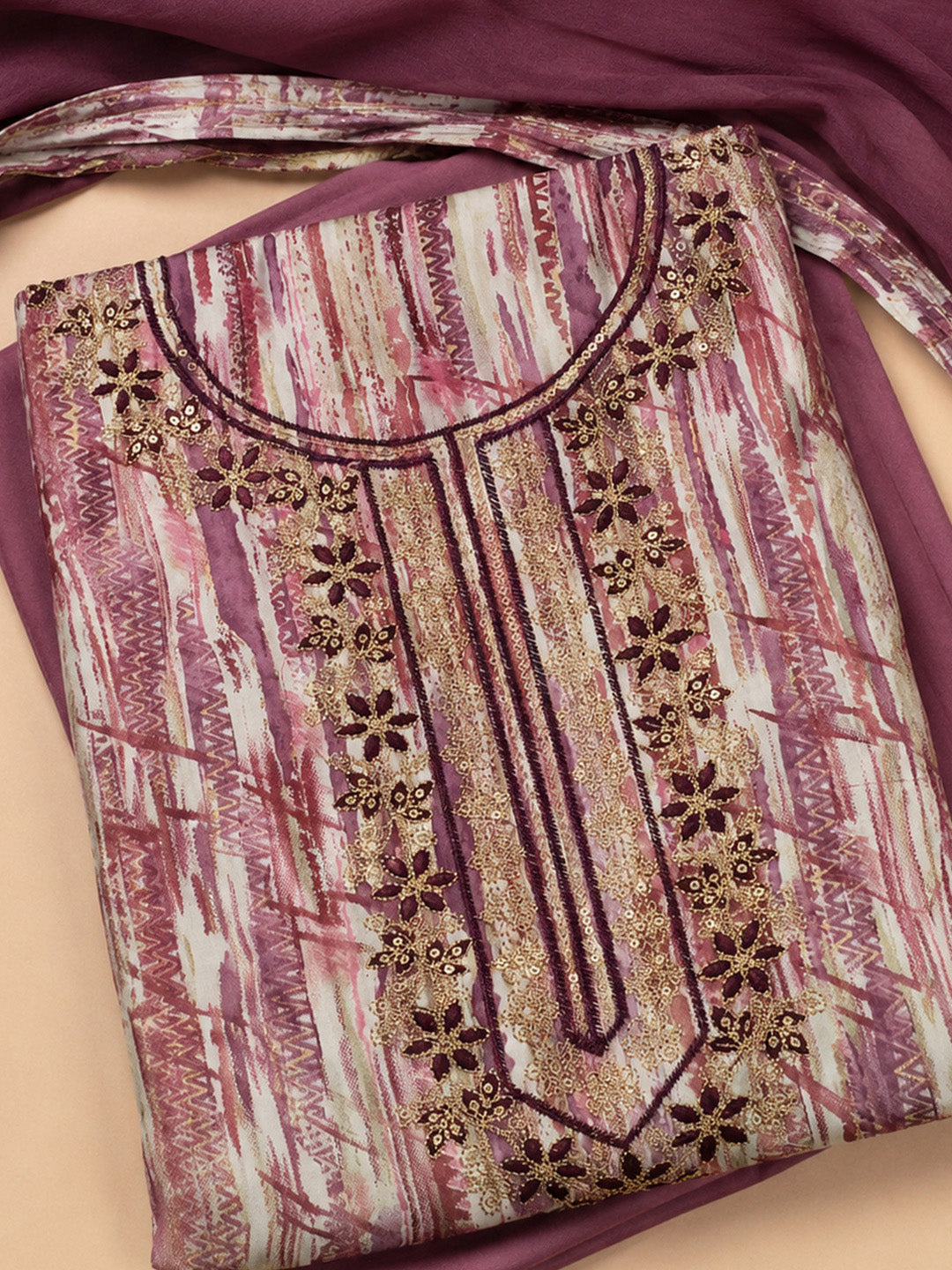 Wine Embroidered Cotton Blend Unstitched Suit &amp; Pant With Cotton Dupatta
