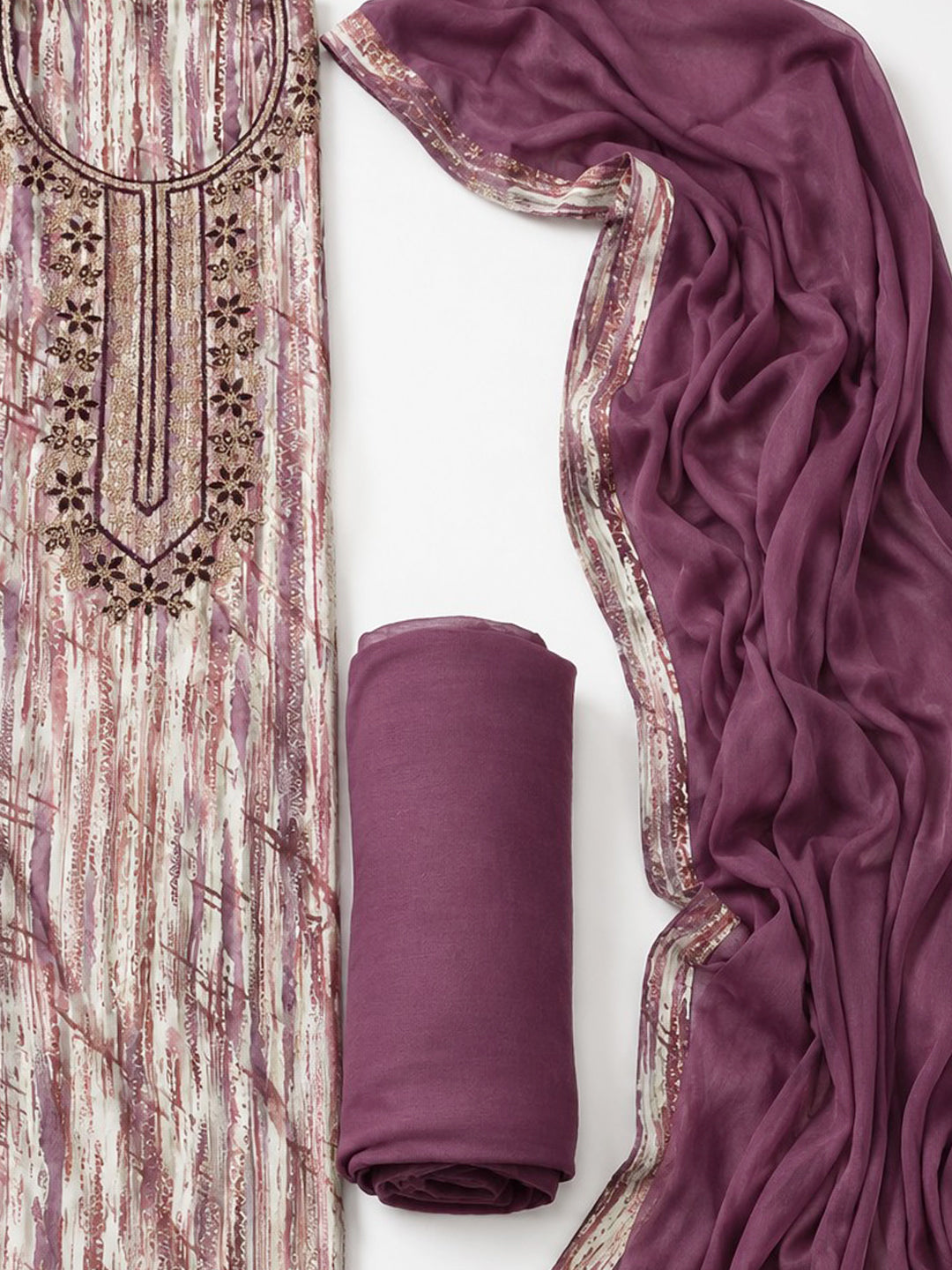 Wine Embroidered Cotton Blend Unstitched Suit &amp; Pant With Cotton Dupatta