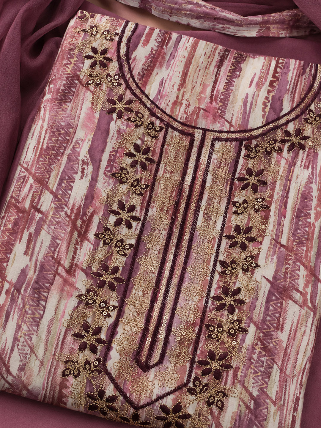 Wine Embroidered Cotton Blend Unstitched Suit &amp; Pant With Cotton Dupatta