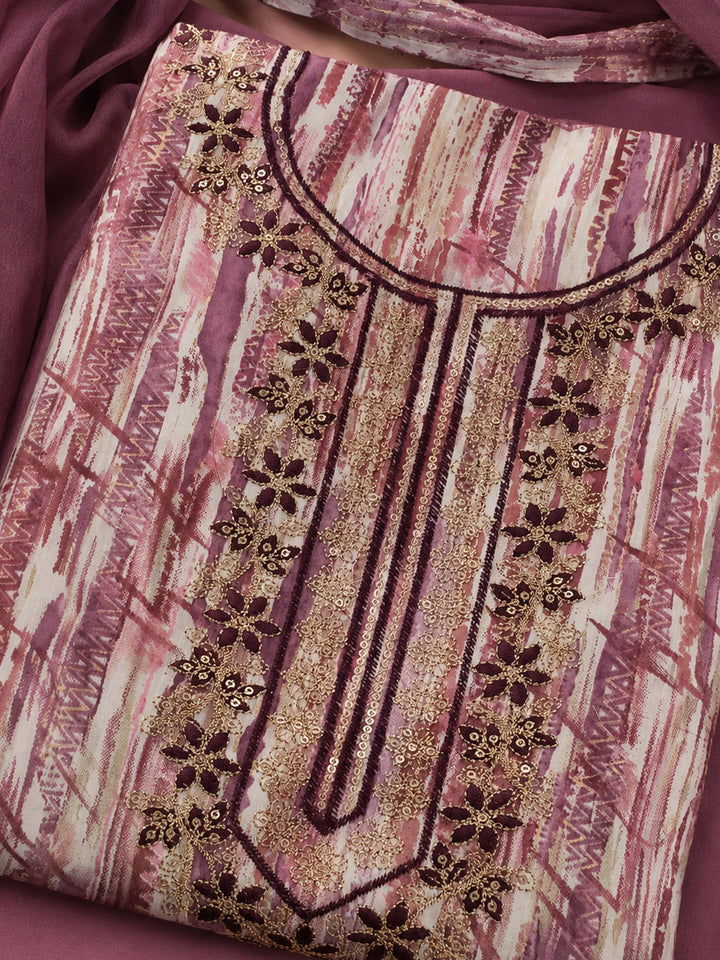 Wine Embroidered Cotton Blend Unstitched Suit &amp; Pant With Cotton Dupatta