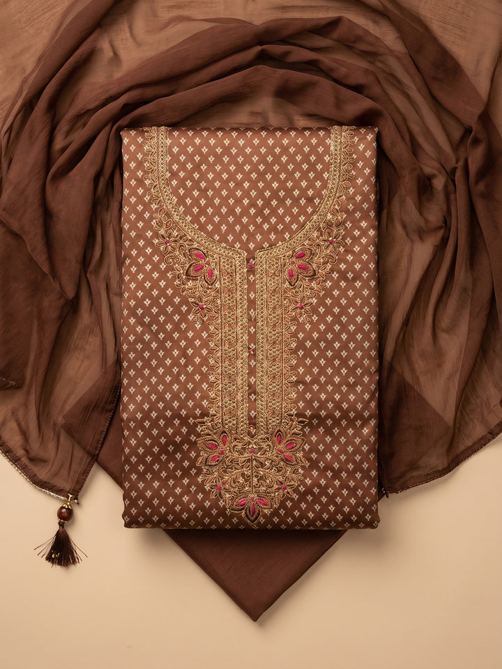 Brown Embroidered Chanderi Unstitched Suit With Pant &amp; Dupatta