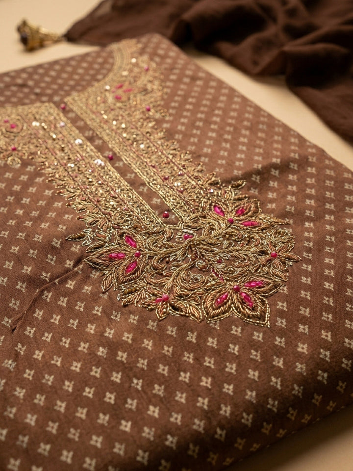 Brown Embroidered Chanderi Unstitched Suit With Pant &amp; Dupatta