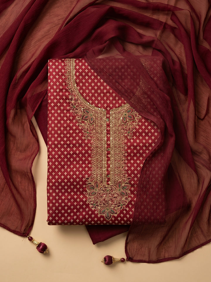 Maroon Embroidered Chanderi Unstitched Suit With Pant &amp; Dupatta