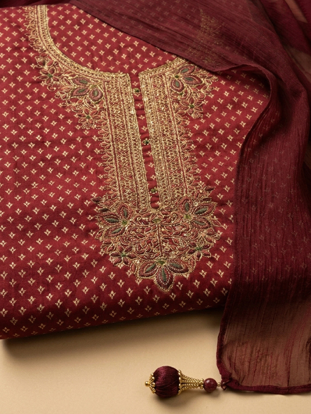 Maroon Embroidered Chanderi Unstitched Suit With Pant &amp; Dupatta