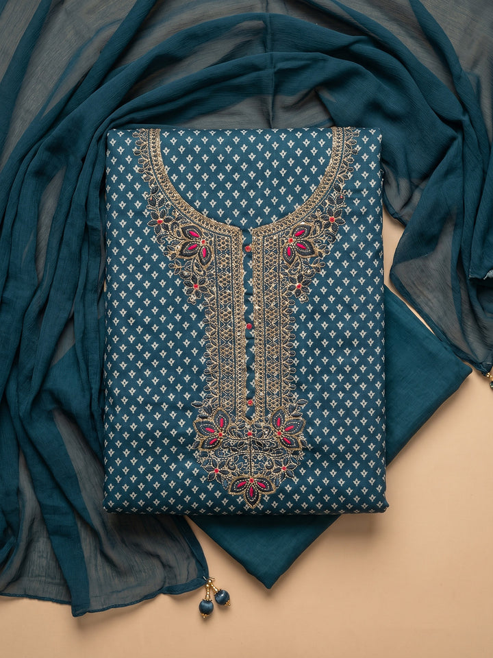 Teal Blue Embroidered Chanderi Unstitched Suit With Pant &amp; Dupatta