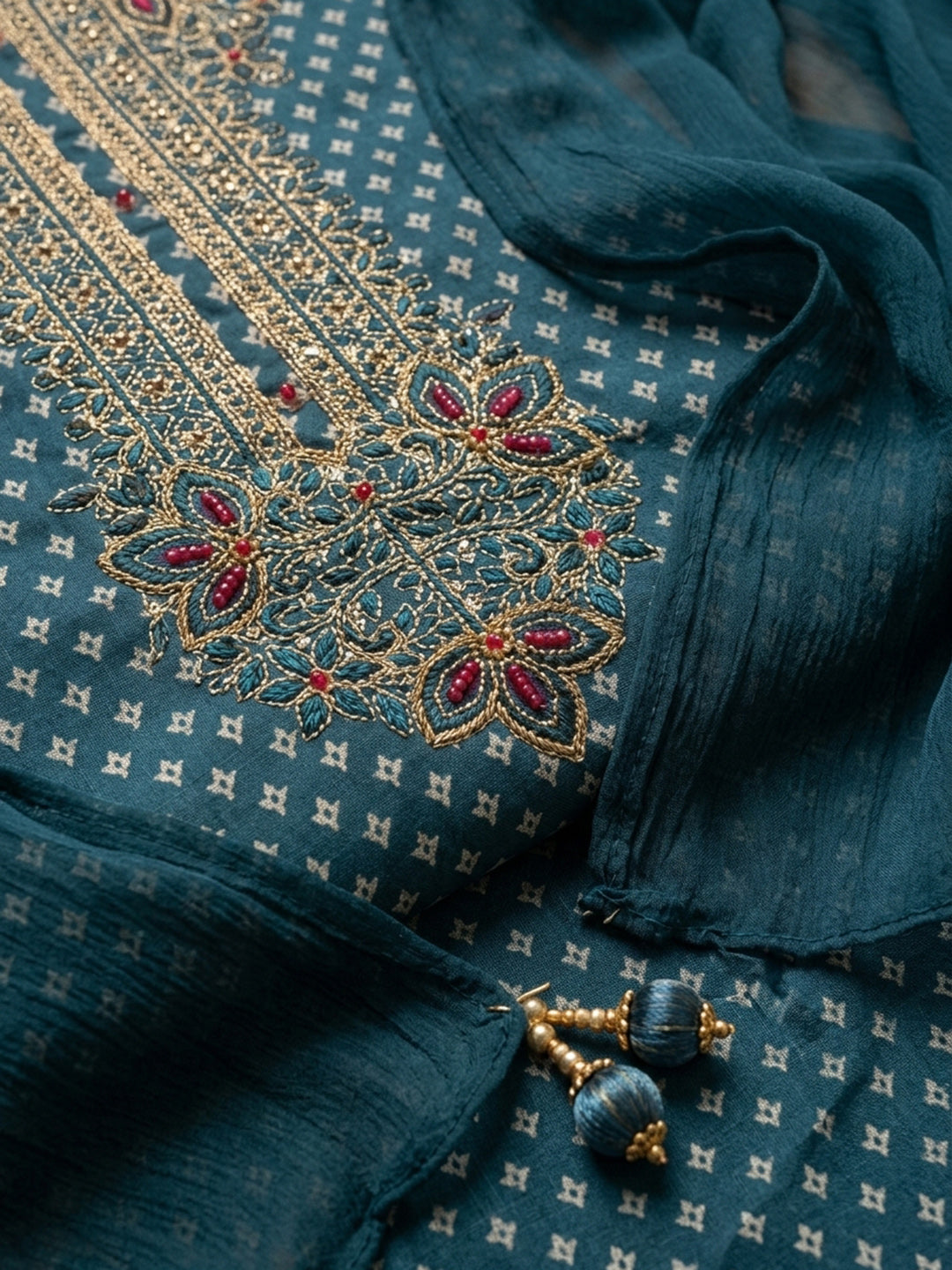 Teal Blue Embroidered Chanderi Unstitched Suit With Pant &amp; Dupatta