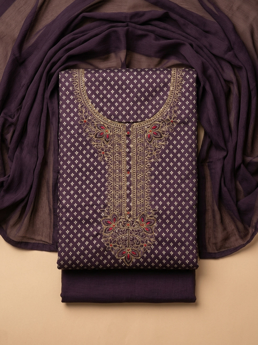 Wine Embroidered Chanderi Unstitched Suit With Pant &amp; Dupatta
