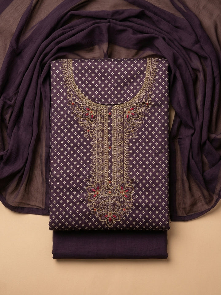 Wine Embroidered Chanderi Unstitched Suit With Pant &amp; Dupatta