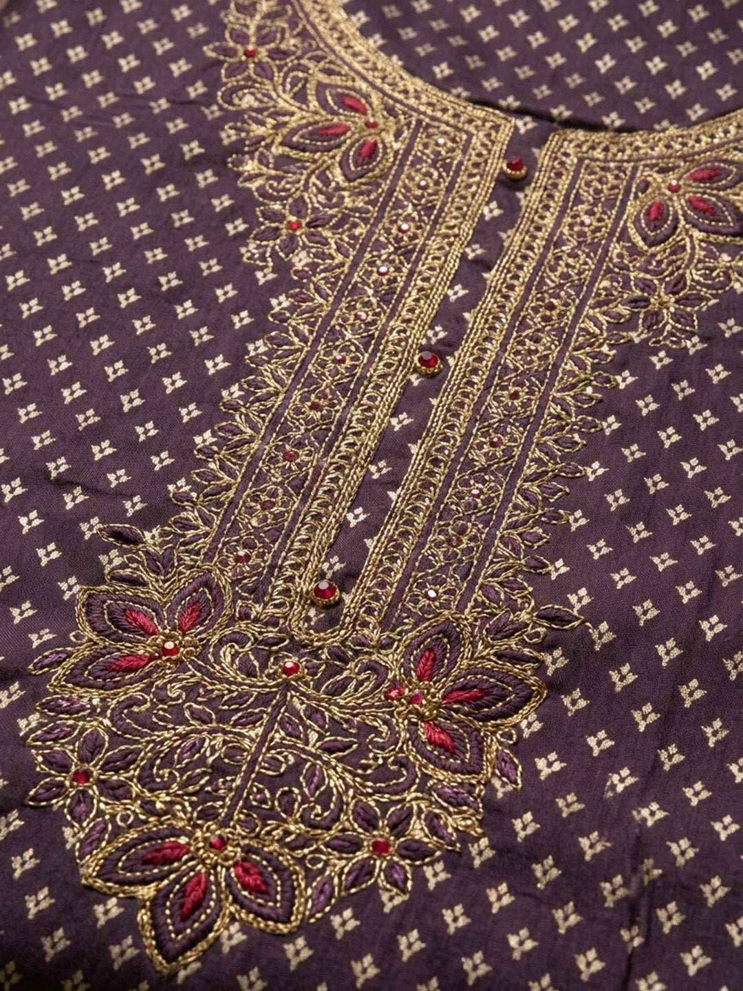 Wine Embroidered Chanderi Unstitched Suit With Pant &amp; Dupatta