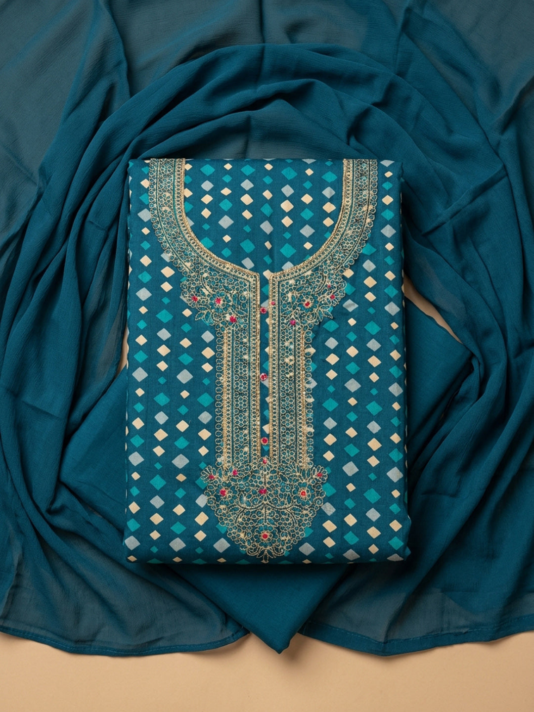 Firozee Embroidered Cotton Blend Unstitched Suit With Pant &amp; Dupatta