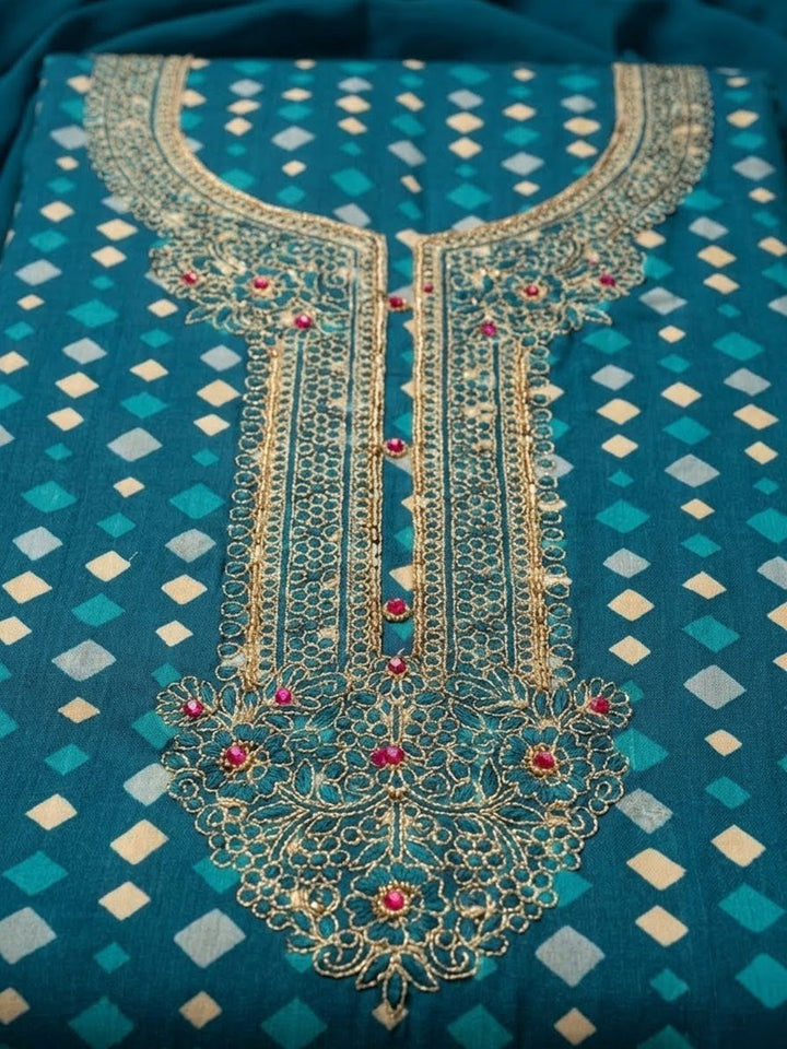 Firozee Embroidered Cotton Blend Unstitched Suit With Pant &amp; Dupatta