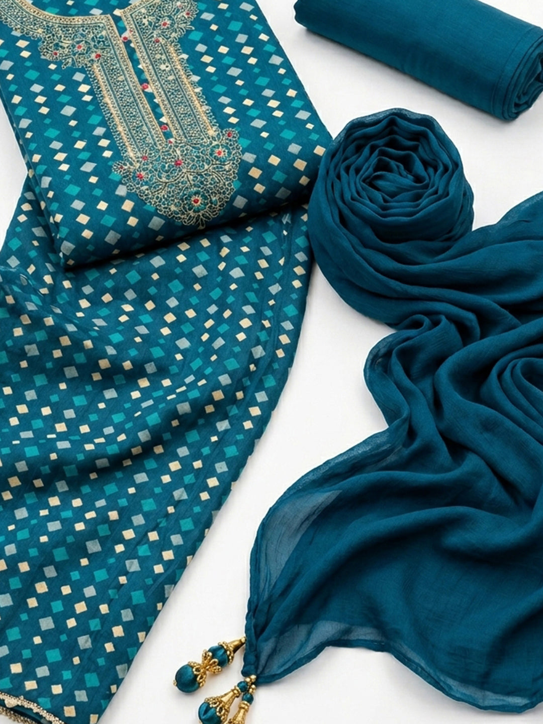 Firozee Embroidered Cotton Blend Unstitched Suit With Pant &amp; Dupatta