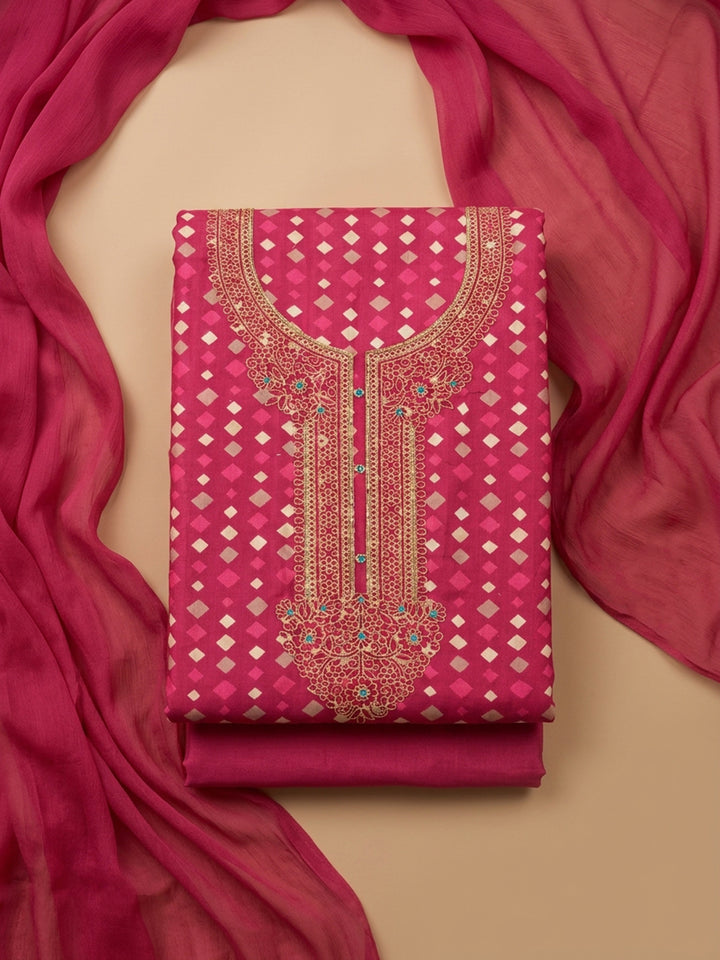 Pink Embroidered Cotton Blend Unstitched Suit With Pant &amp; Dupatta