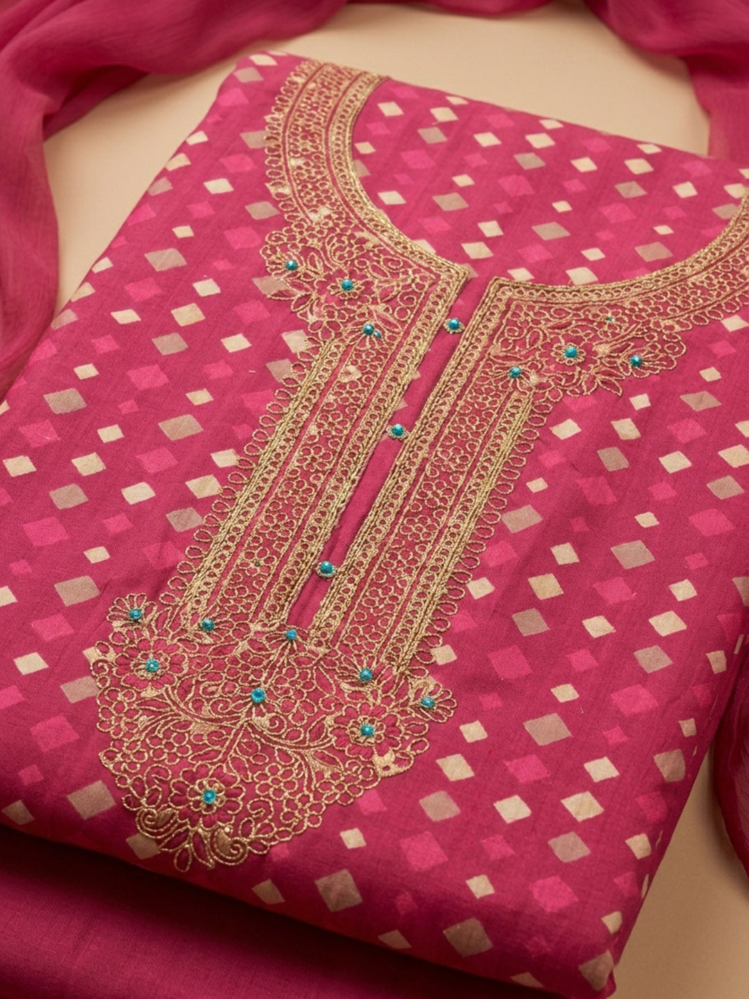 Pink Embroidered Cotton Blend Unstitched Suit With Pant &amp; Dupatta