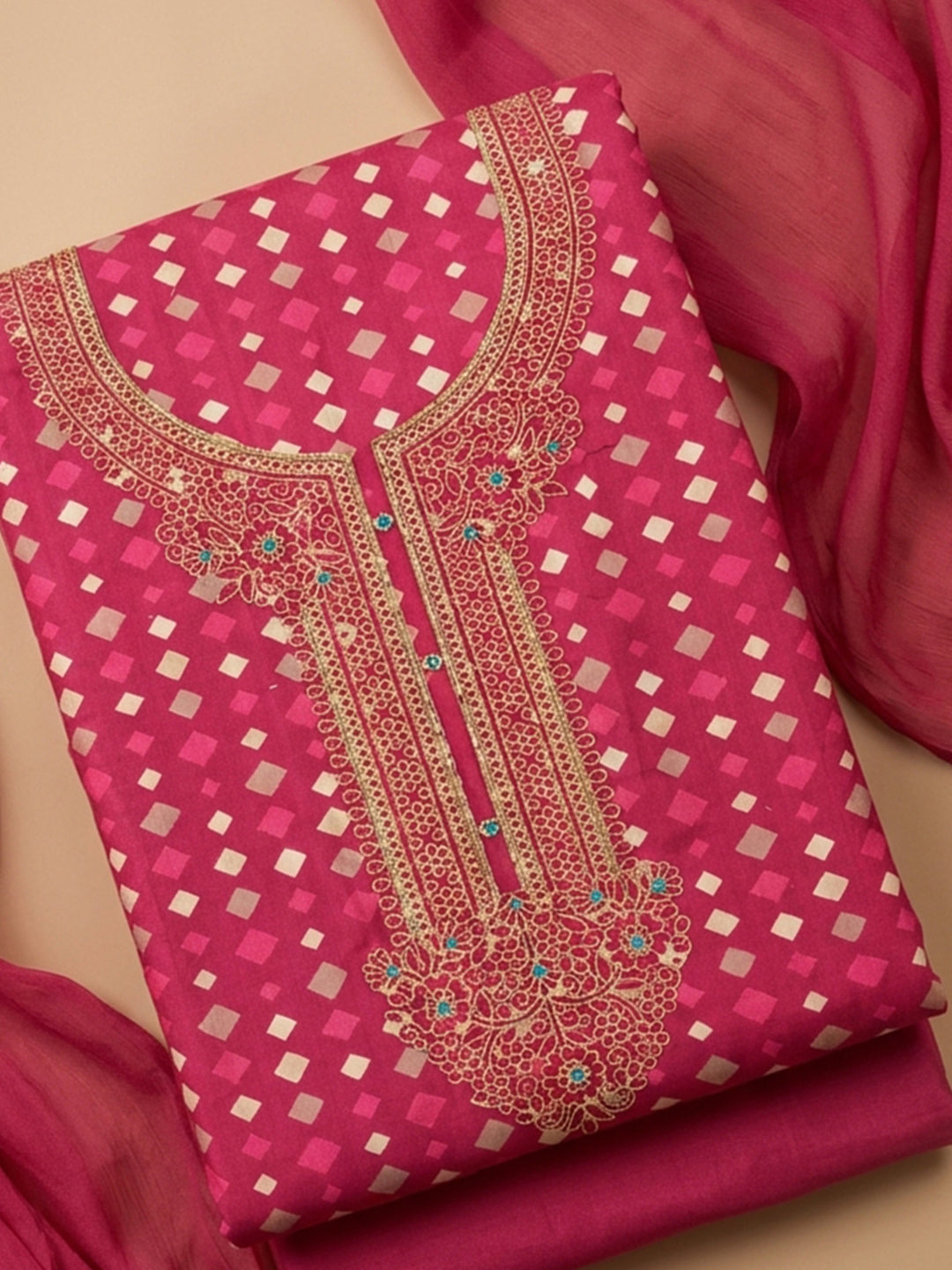 Pink Embroidered Cotton Blend Unstitched Suit With Pant &amp; Dupatta