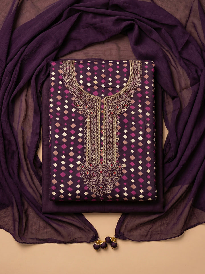 Wine Embroidered Cotton Blend Unstitched Suit With Pant &amp; Dupatta