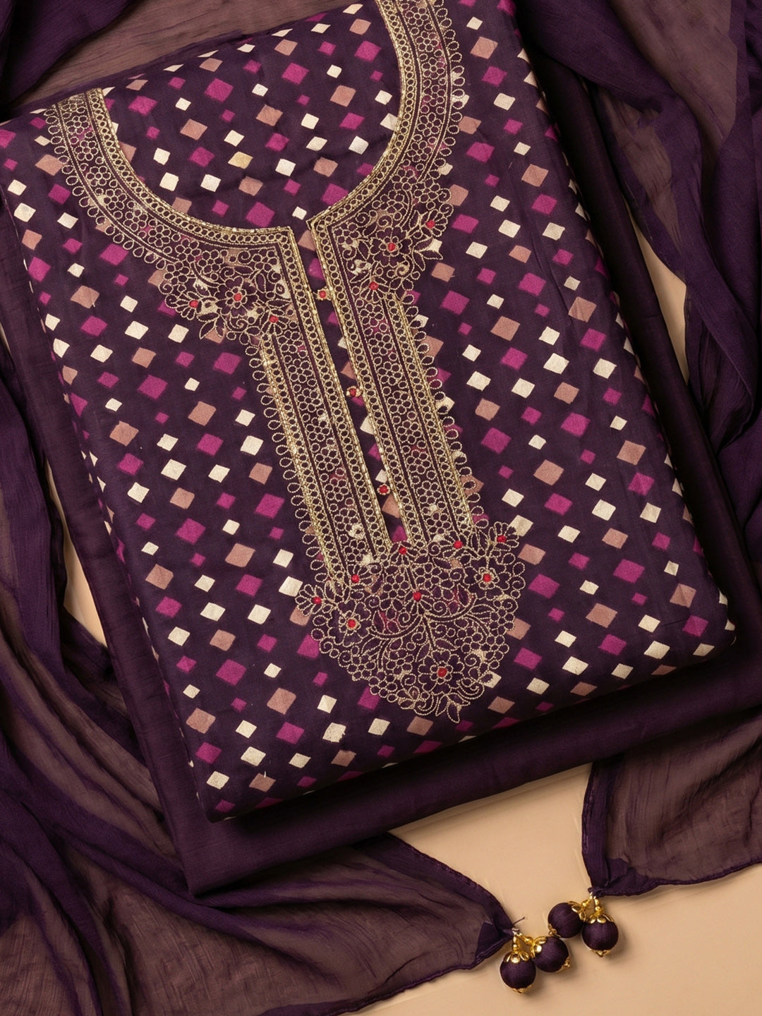 Wine Embroidered Cotton Blend Unstitched Suit With Pant &amp; Dupatta