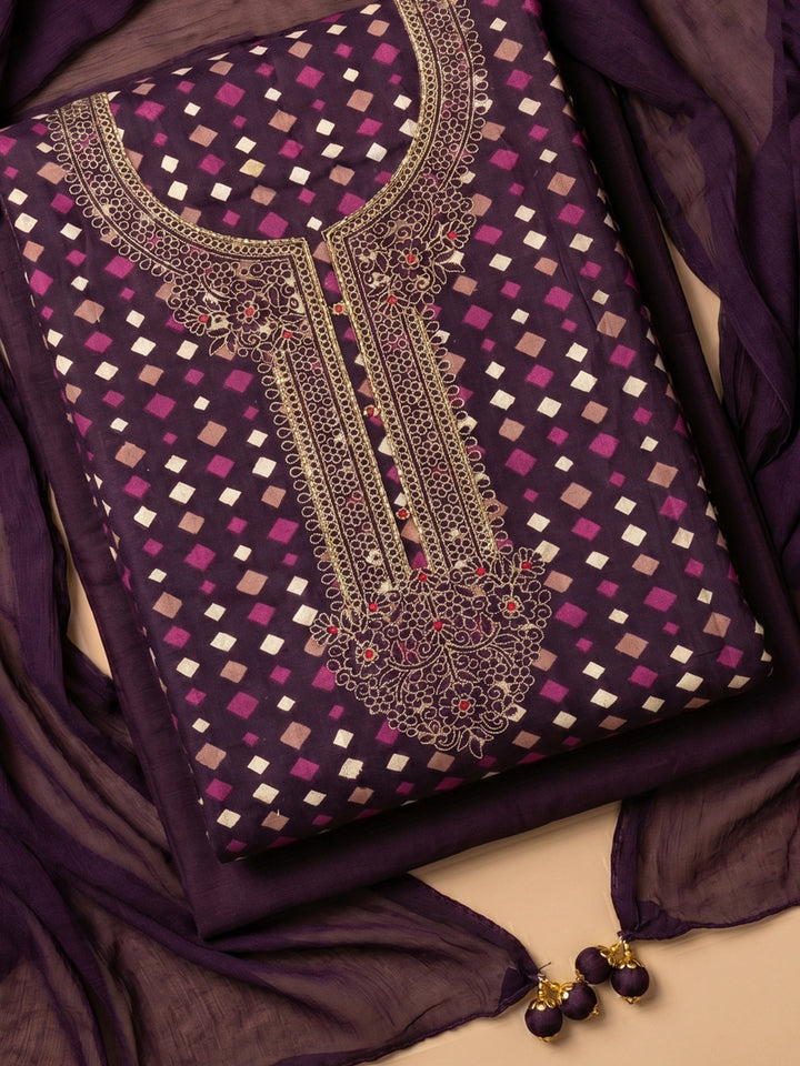 Wine Embroidered Cotton Blend Unstitched Suit With Pant &amp; Dupatta