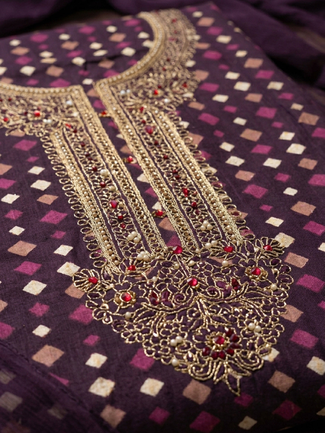 Wine Embroidered Cotton Blend Unstitched Suit With Pant &amp; Dupatta