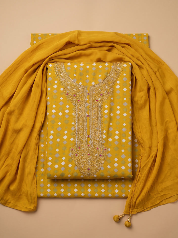 Yellow Embroidered Cotton Blend Unstitched Suit With Pant &amp; Dupatta