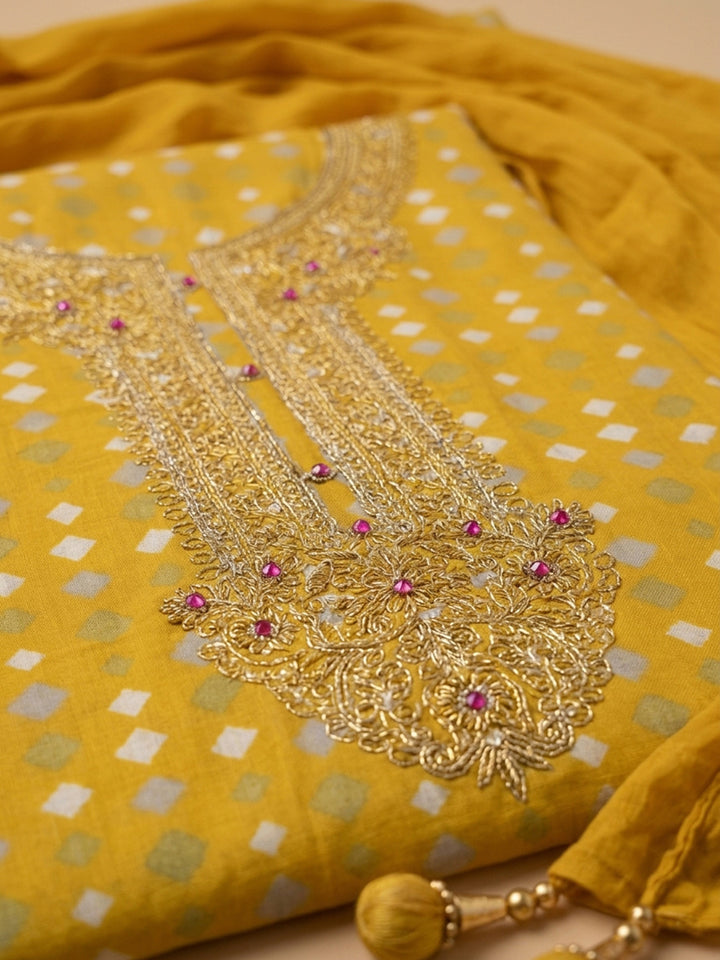 Yellow Embroidered Cotton Blend Unstitched Suit With Pant &amp; Dupatta