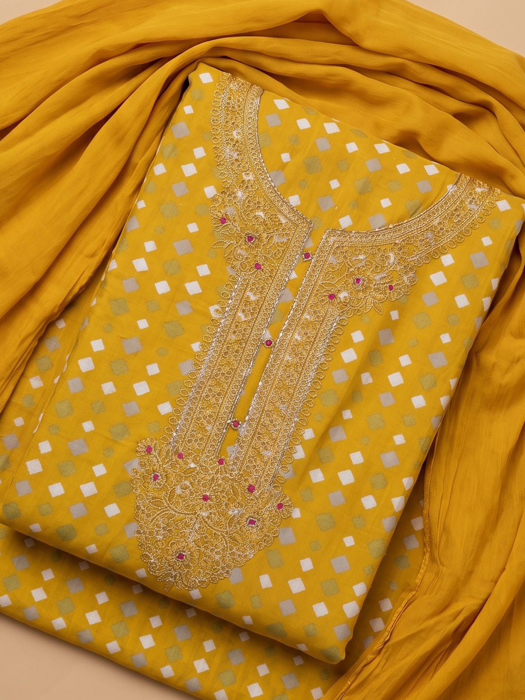 Yellow Embroidered Cotton Blend Unstitched Suit With Pant &amp; Dupatta