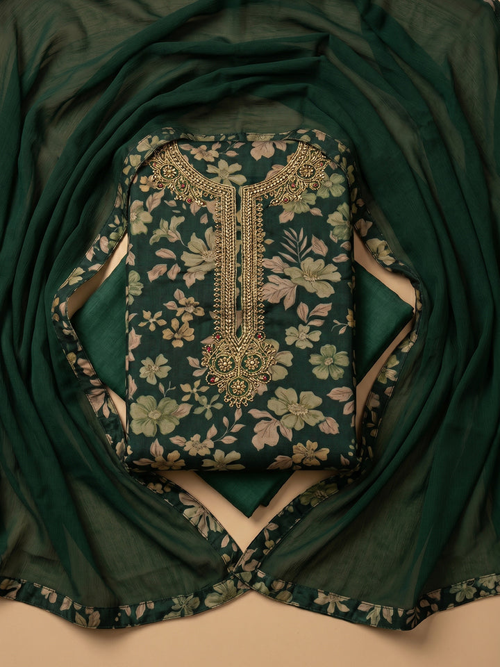 Bottle Green Embroidered Cotton Blend Unstitched Suit With Pant &amp; Dupatta