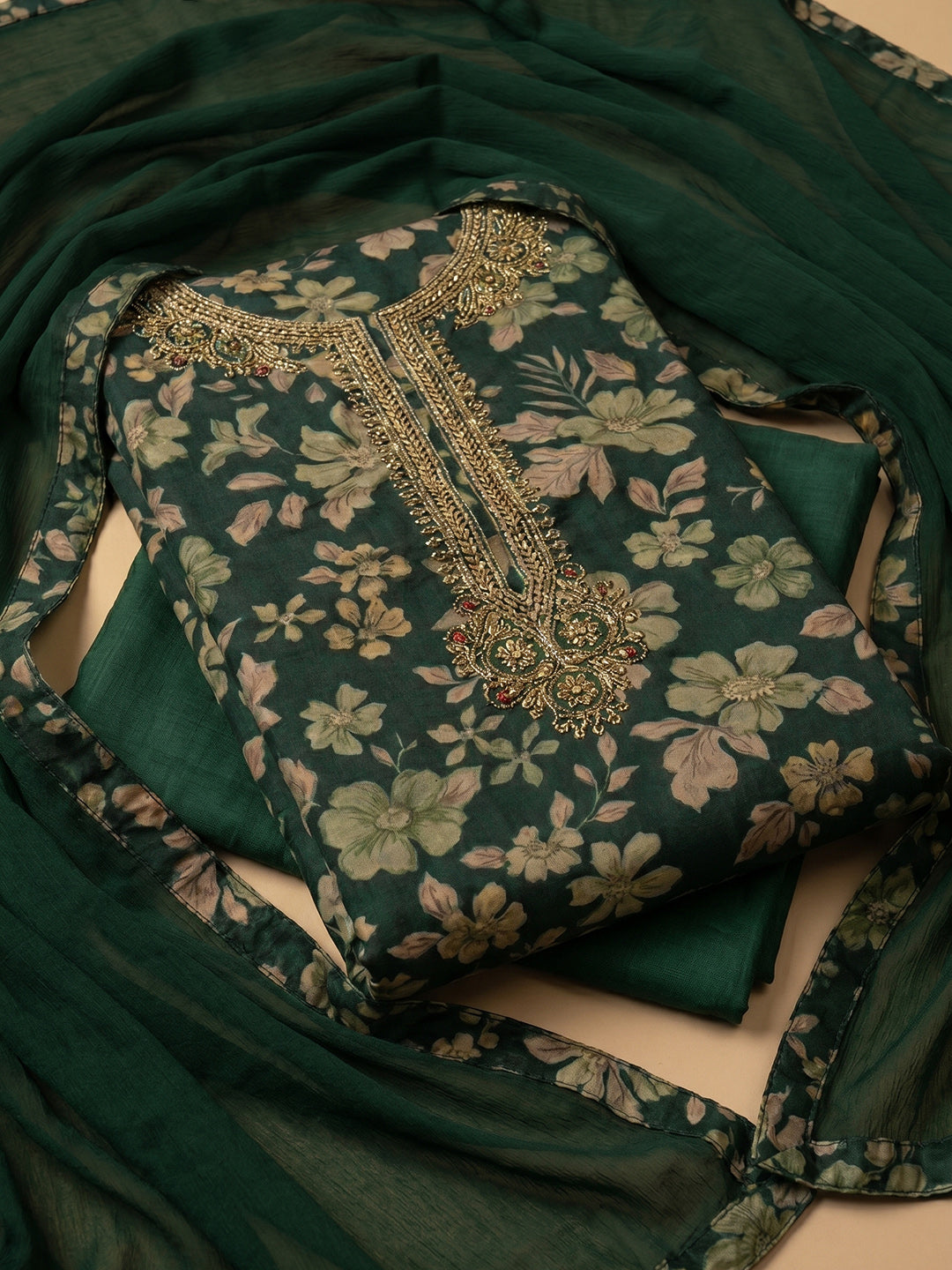 Bottle Green Embroidered Cotton Blend Unstitched Suit With Pant &amp; Dupatta