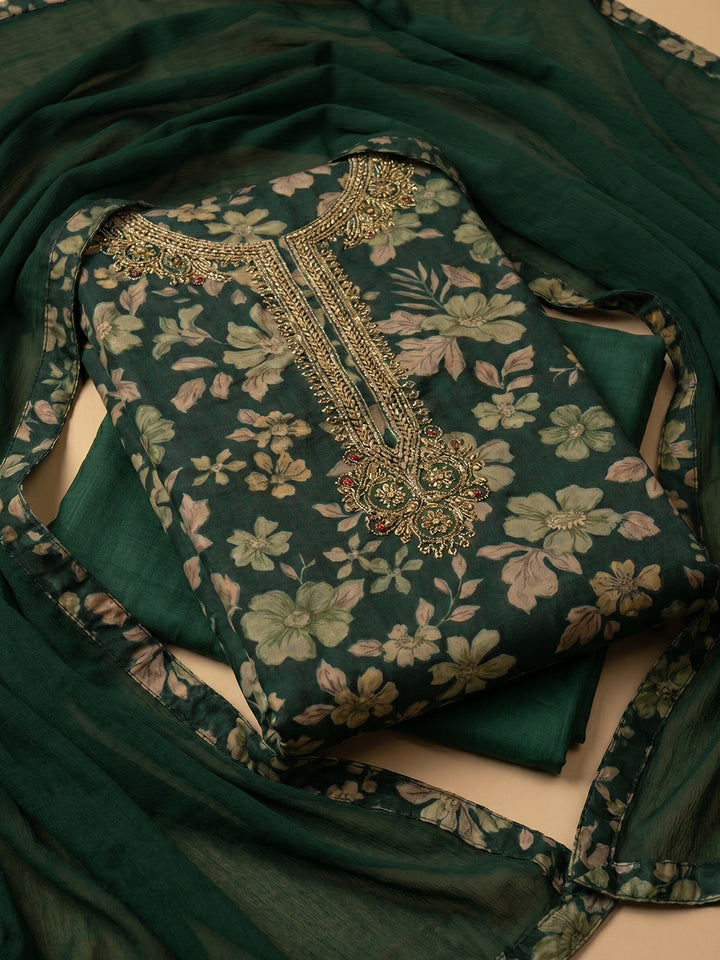 Bottle Green Embroidered Cotton Blend Unstitched Suit With Pant &amp; Dupatta