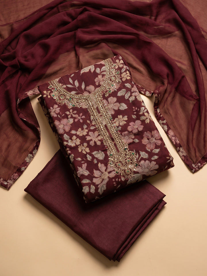 Maroon Embroidered Cotton Blend Unstitched Suit With Pant &amp; Dupatta