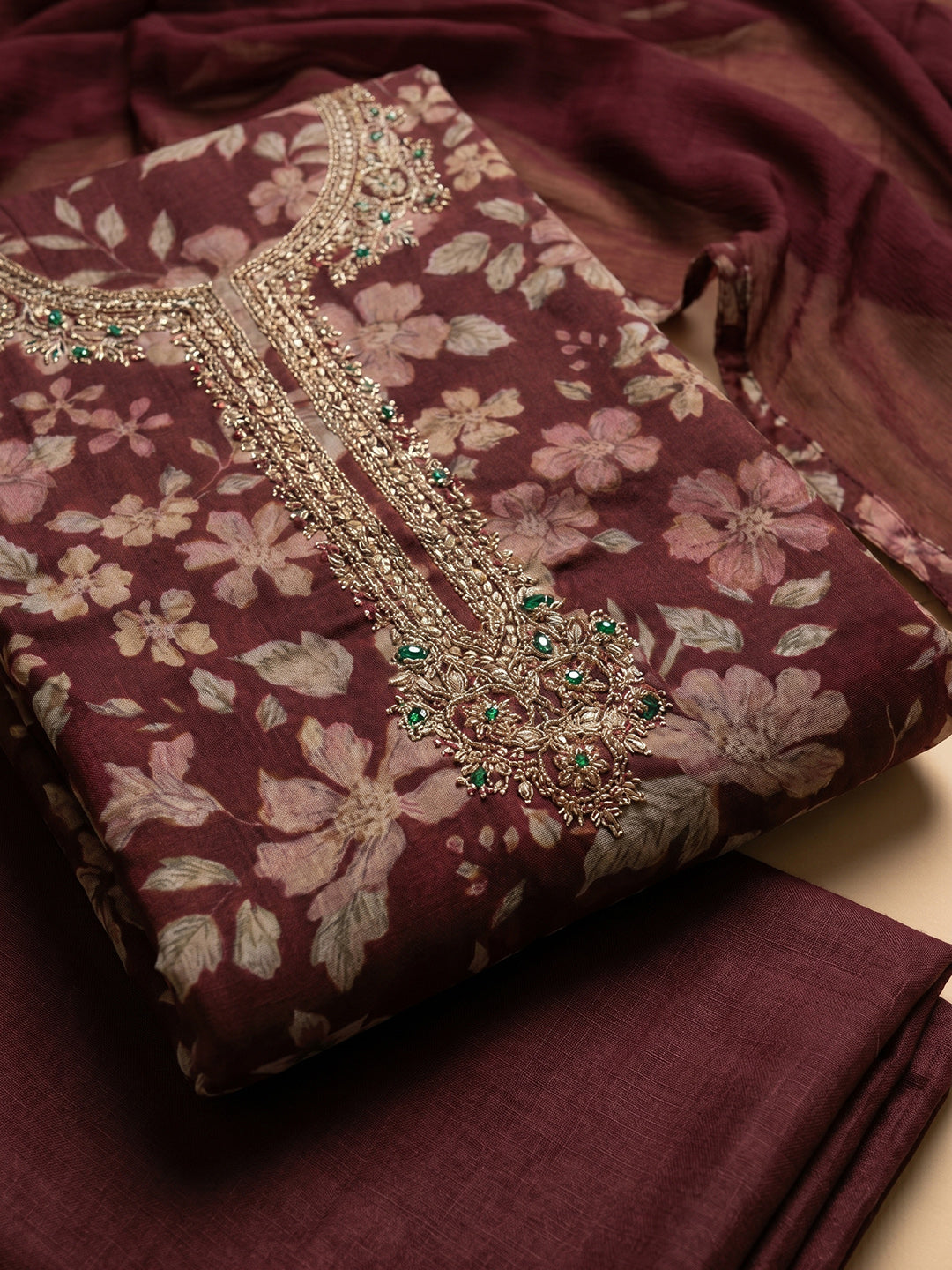 Maroon Embroidered Cotton Blend Unstitched Suit With Pant &amp; Dupatta