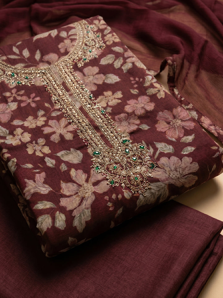 Maroon Embroidered Cotton Blend Unstitched Suit With Pant &amp; Dupatta