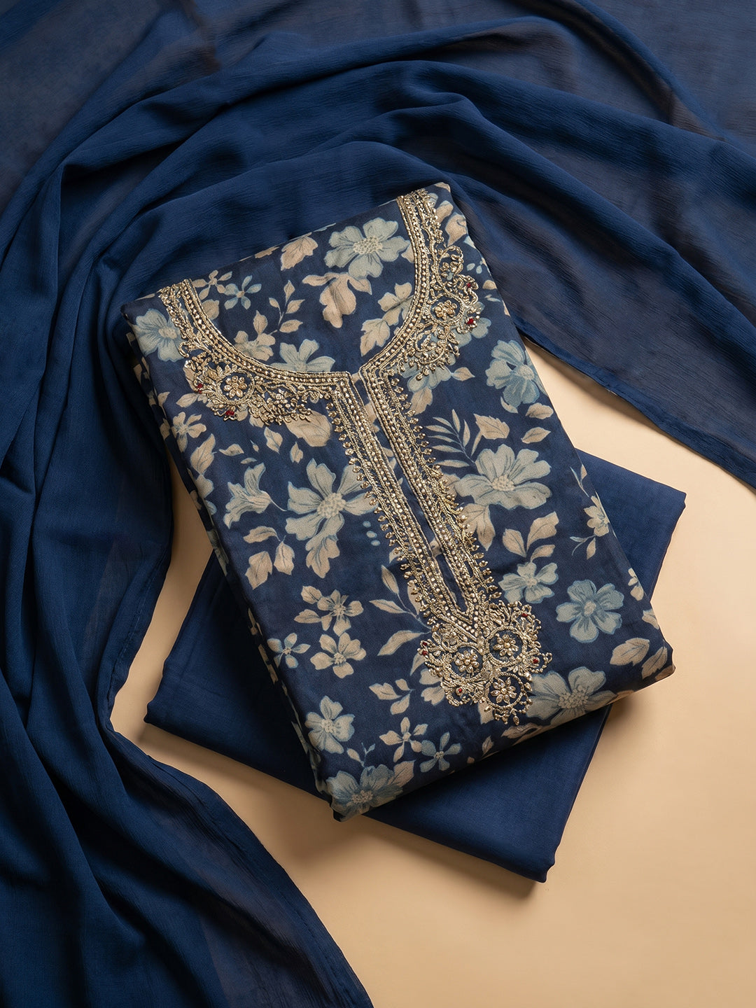 Navy Blue Embroidered Cotton Blend Unstitched Suit With Pant &amp; Dupatta