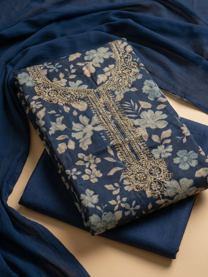 Navy Blue Embroidered Cotton Blend Unstitched Suit With Pant &amp; Dupatta