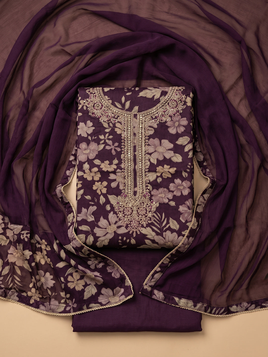 Wine Embroidered Cotton Blend Unstitched Suit With Pant &amp; Dupatta
