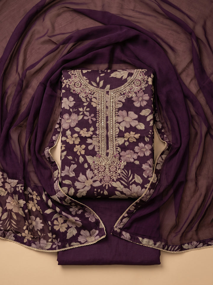 Wine Embroidered Cotton Blend Unstitched Suit With Pant &amp; Dupatta
