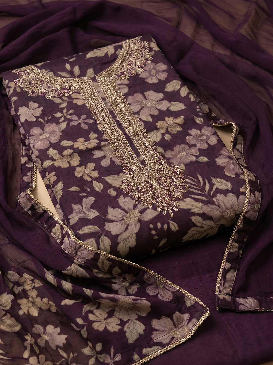 Wine Embroidered Cotton Blend Unstitched Suit With Pant &amp; Dupatta