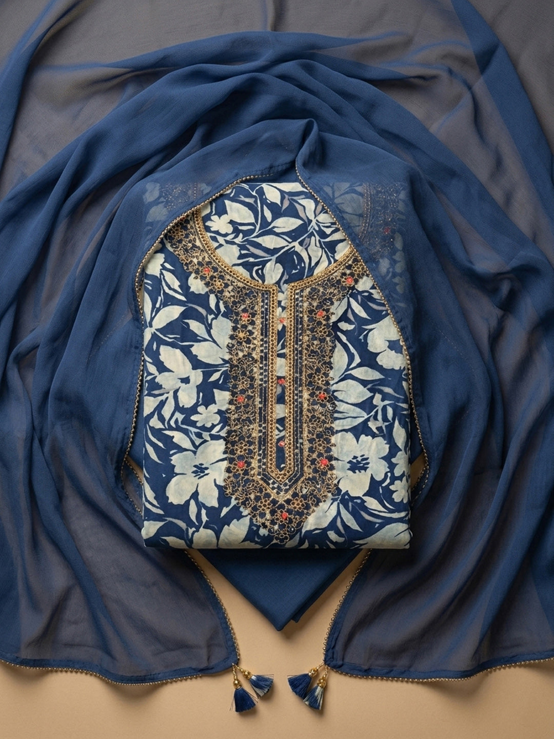 Blue Embroidered Cotton Blend Unstitched Suit With Pant &amp; Dupatta