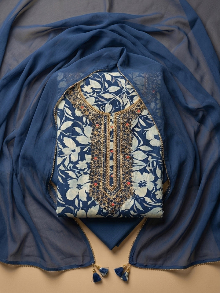 Blue Embroidered Cotton Blend Unstitched Suit With Pant &amp; Dupatta