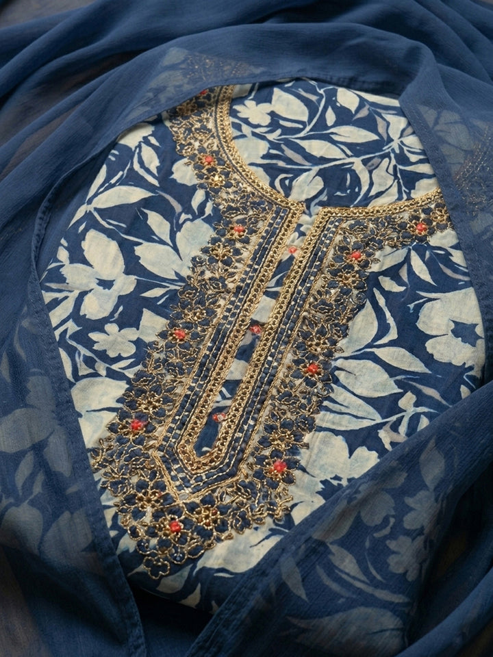 Blue Embroidered Cotton Blend Unstitched Suit With Pant &amp; Dupatta