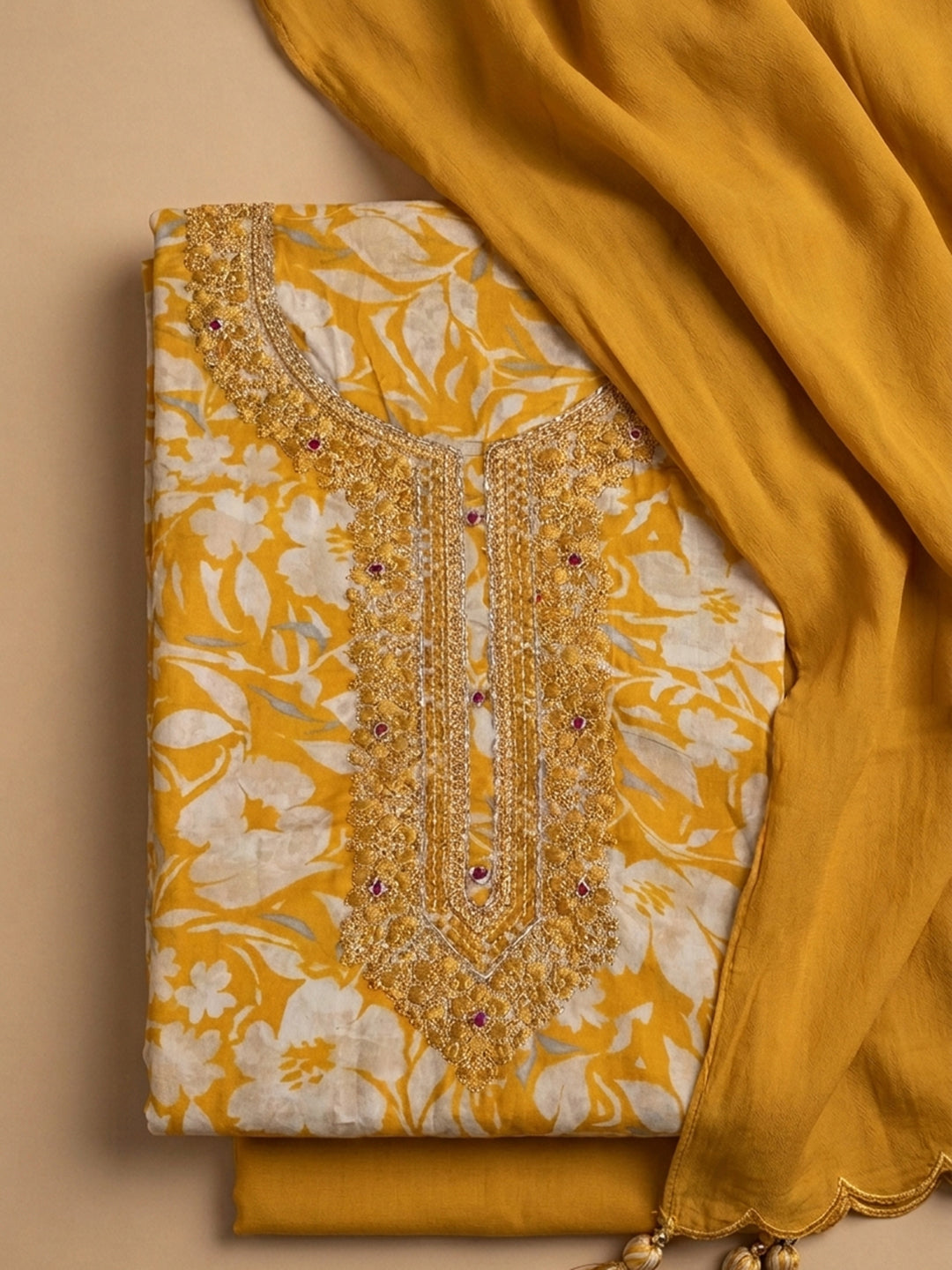 Mustard Embroidered Cotton Blend Unstitched Suit With Pant &amp; Dupatta