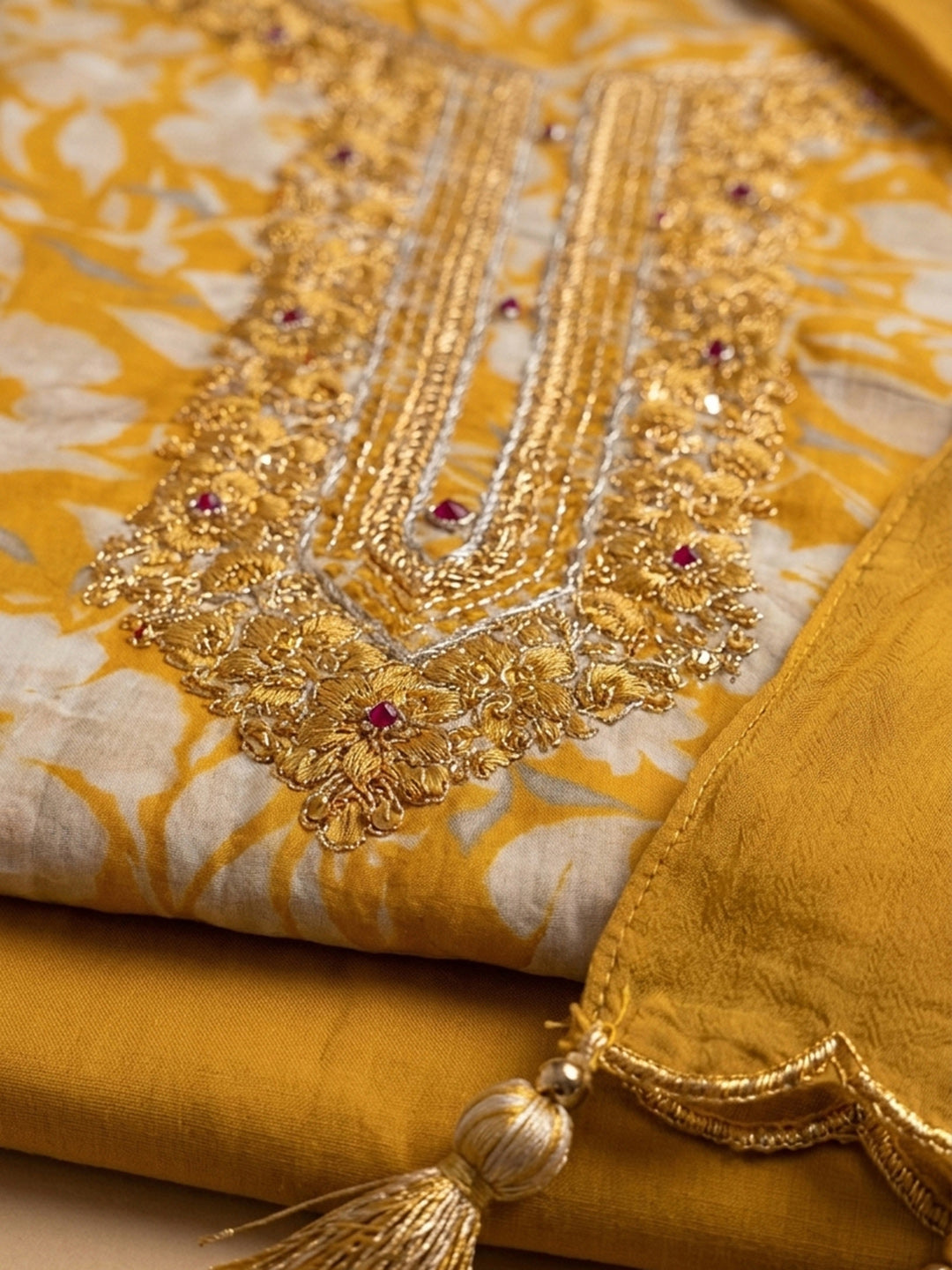 Mustard Embroidered Cotton Blend Unstitched Suit With Pant &amp; Dupatta
