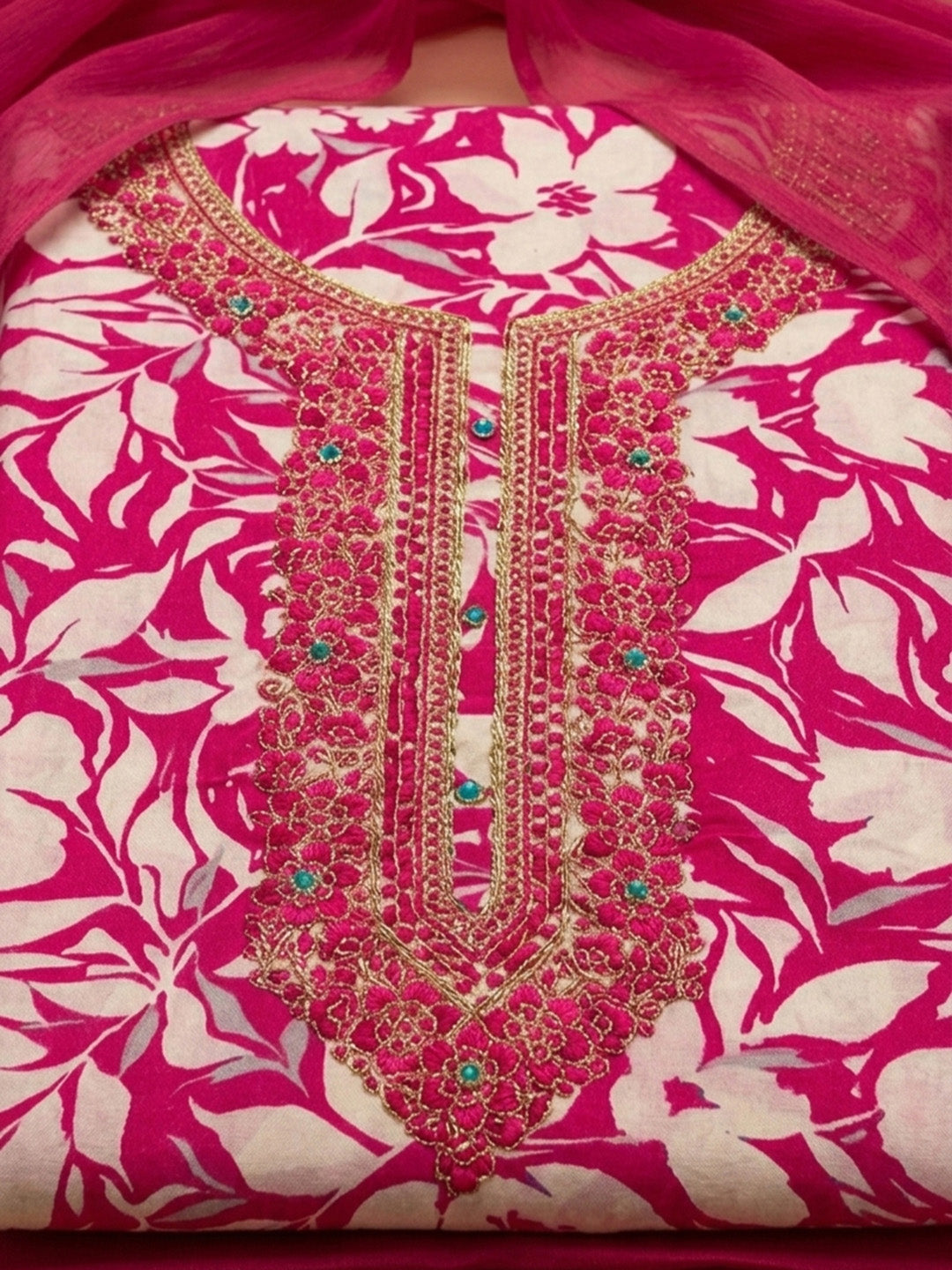 Rani Embroidered Cotton Blend Unstitched Suit With Pant &amp; Dupatta