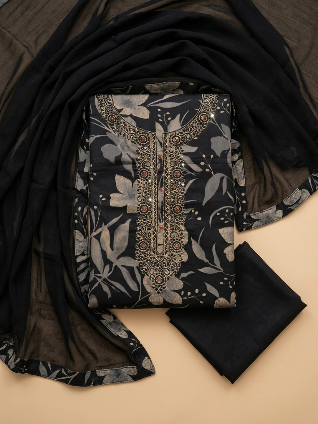 Black Embroidered Cotton Blend Unstitched Suit With Pant &amp; Dupatta