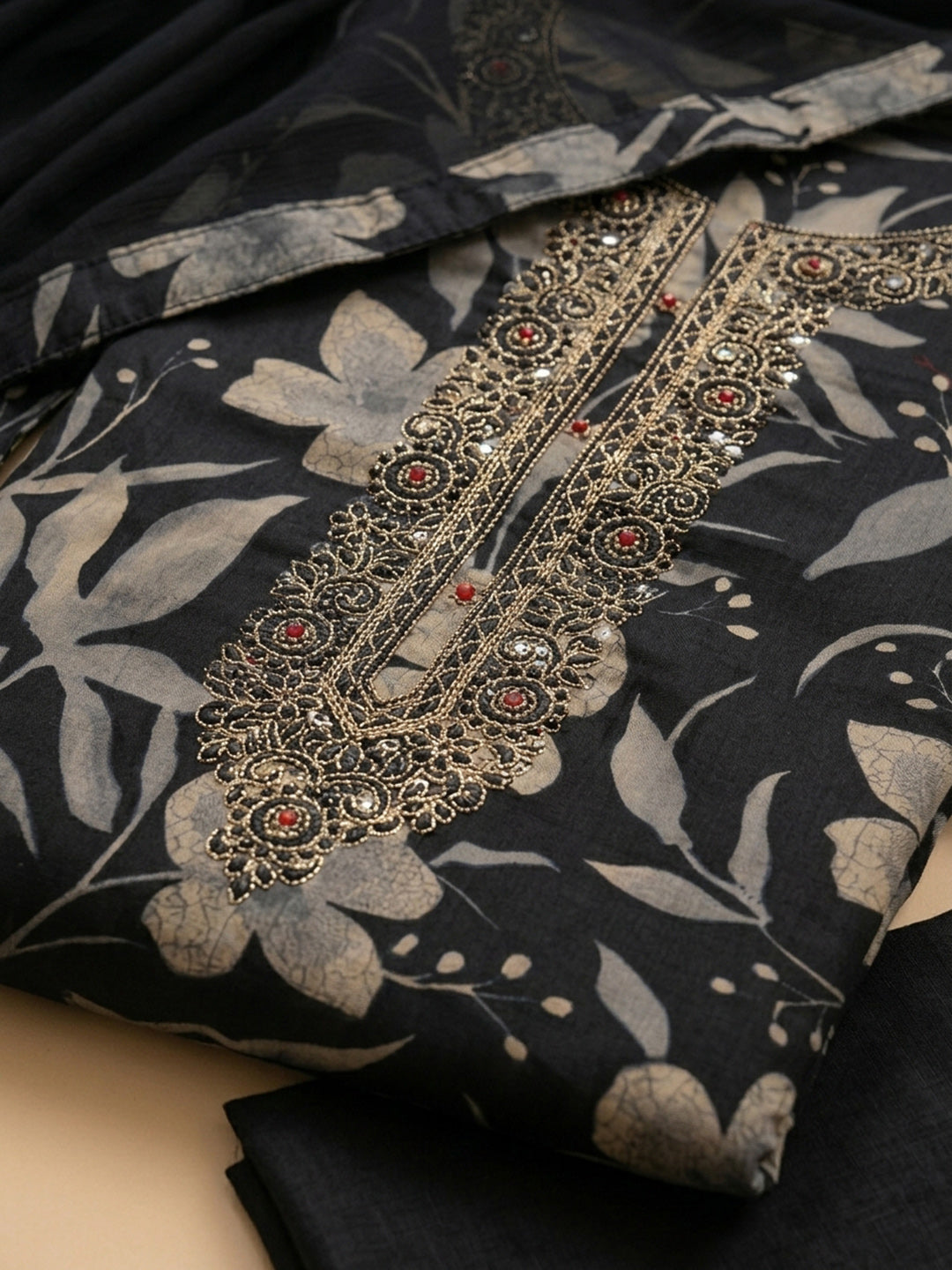 Black Embroidered Cotton Blend Unstitched Suit With Pant &amp; Dupatta