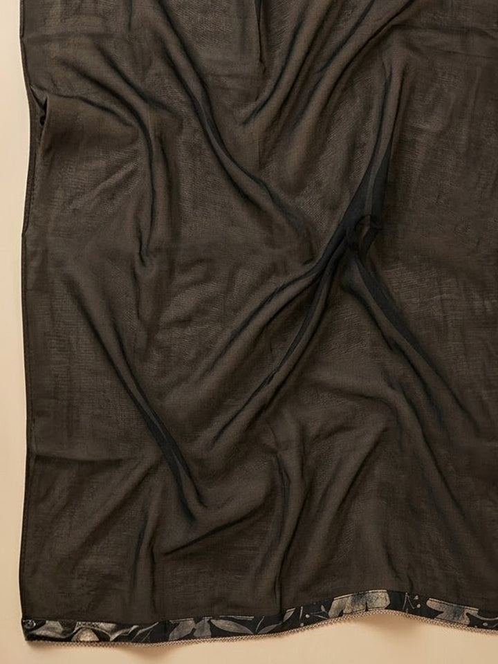 Black Embroidered Cotton Blend Unstitched Suit With Pant &amp; Dupatta